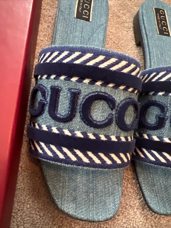 Gucci Denim Logo Slide Sandals in Light Blue and Navy - Picture 4 of 16